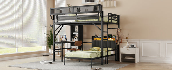English Elm Full Full over Twin Metal Bunk Bed with Desk, Bookshelves, LED Lighting & USB Charge Station, Black W2580S00040
