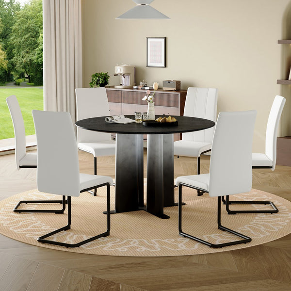 English Elm Modern Round Pedestal Dining Set Seats Six with Gradient Base and Pu Upholstered Chairs W3875S00075