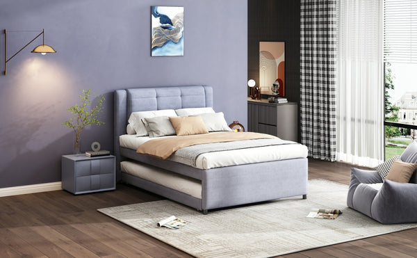 English Elm Full Size Upholstered Platform Bed With Versatile Trundle - Modern Gray Design For Comfort & Style DL001678AAE