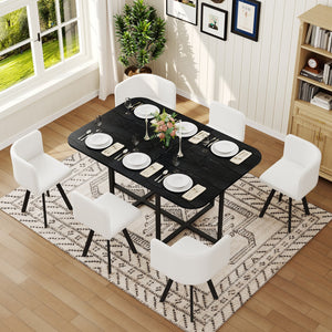 English Elm Black Wood Grain Rectangular Table with Six White Pu Upholstered Chairs Modern Set W3875S00094