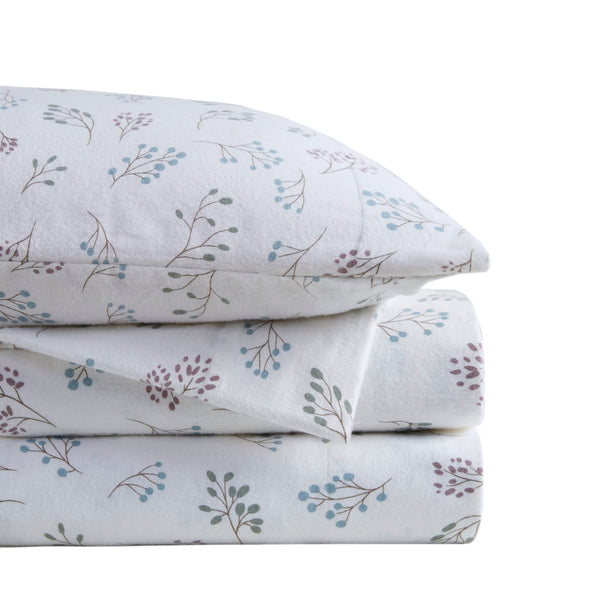 English Elm 4 Pieces King 100% Cotton Flannel Sheet Set - Cozy White Botanical Design For Ultimate Comfort B035P381336