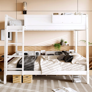 English Elm Queen Over Bunk Bed Pine Frame with Built in Shelving Detachable Vintage Style White W5316S00014