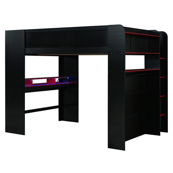 English Elm Full Size Gaming Bunk Bed with Rgb Lighting Integrated Desk Wardrobe and Storage Red LT100266AAR