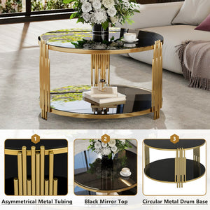 English Elm Modern Round Coffee Table Black Tempered Glass Top Gold Drum Base Living Room Glam N735P177478B