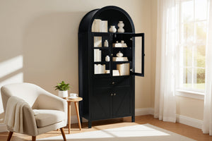 English Elm Dome Top Apothecary Cabinet Antique Inspired Tall Storage with Arched Silhouette Black W1785S00002