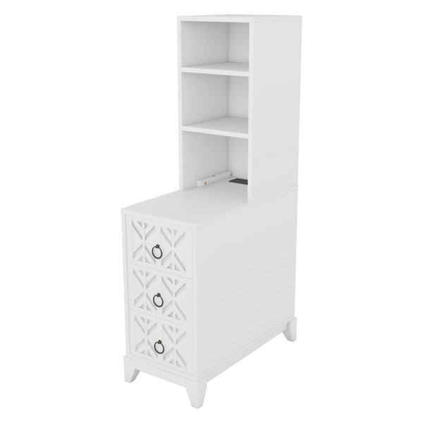 English Elm End Table With 3 Drawers And 2 Open Shelves - Stylish Corner Side Table With Charging Ports In White W2593P289147