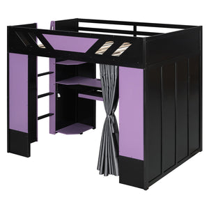 English Elm Full Size Loft Bed with Desk Blackout Curtains Rgb Lighting and Integrated Storage Purple+Black LT000377AAI