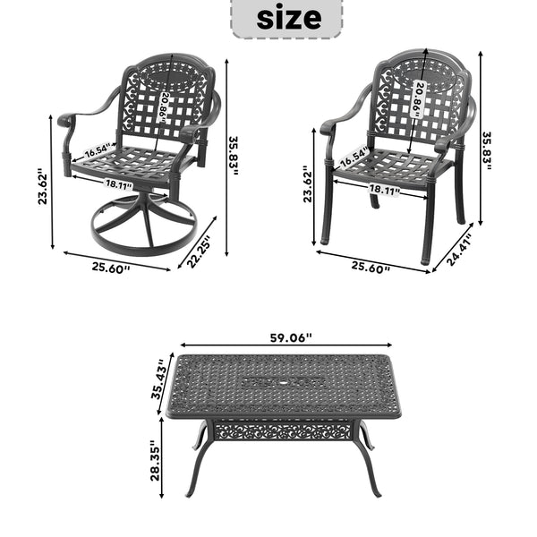 English Elm 7-Piece All-Weather Cast Aluminum Dining Set With Cushions, Swivel Chairs & Rectangular Black Table W1710S00376