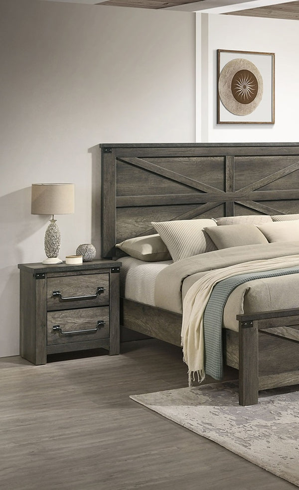 English Elm Rustic Farmhouse 3pc Queen Bed Set with Metal-Accent Headboard & Antique Brass Handles, Sturdy Gray 68 L x 35 W x 7 H B2741S00167