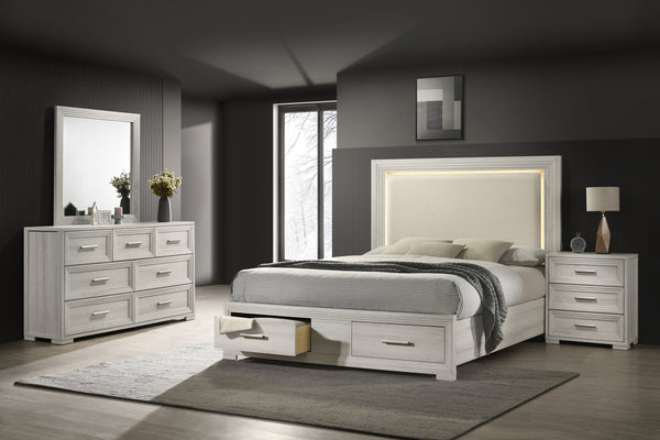 English Elm Colorado King Bedroom Set with Led Upholstered Headboard Rustic Wood 4 Piece Suite B009S02161