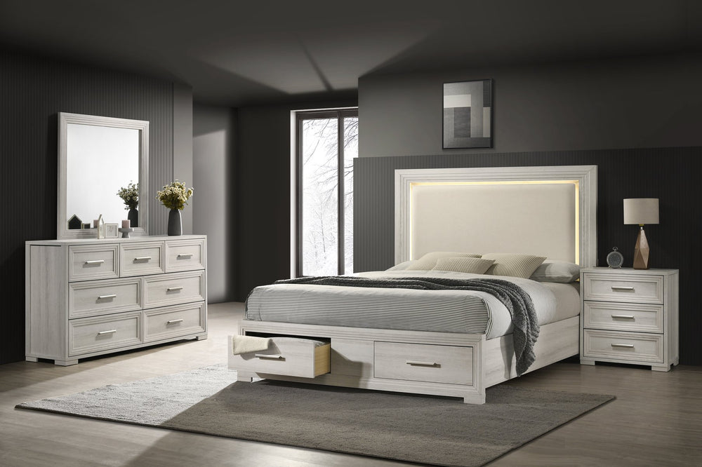 English Elm Colorado Queen Bedroom Set Solid Wood Rustic Natural Finish with Led Upholstered Headboard B009S02159