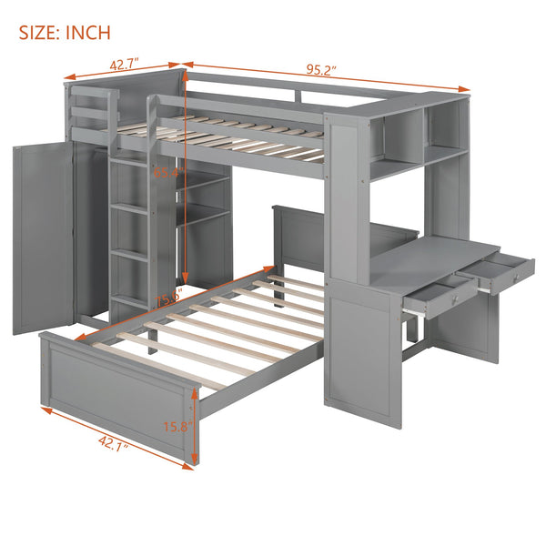 English Elm Twin Loft Bed System with Wardrobe Desk and Shelving for Kids Shared Bedroom Gray LT000820AAE-1