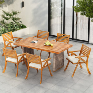 English Elm Christopher Knight Home® - Outdoor 7-Piece Acacia Wood Dining Set With Cushioned Chairs & Handwoven Rattan Legs For Patios N773OD00044B
