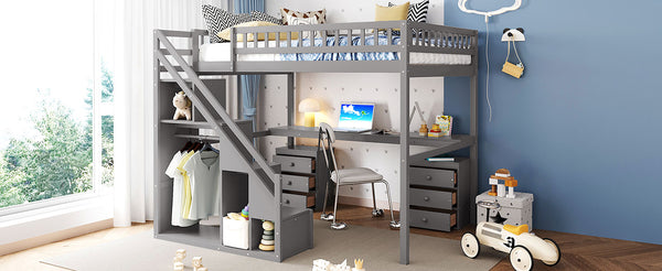 English Elm Full Size Loft Bed with Desk Drawers Led Strip and Staircase for Teen Rooms Gray LT000258AAE-1