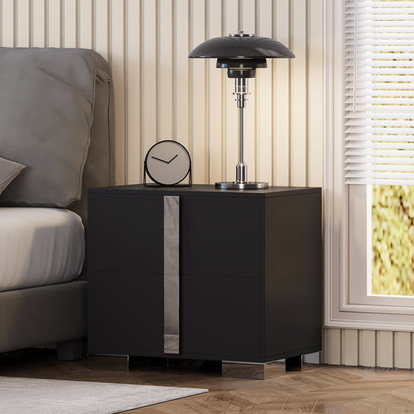 English Elm Modern Two Drawer Nightstand with Slim Metal Legs and Mirrored Bar Handles for Bedroom Black W5271P416540