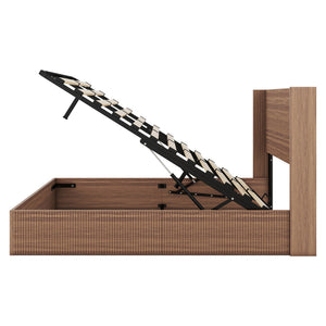 English Elm Large Queen Walnut Storage Bed Frame with Hydraulic Lift, Rustic Slatted Wood Design, Sturdy Iron Support and Quiet No-Spring Operation W1858P307153