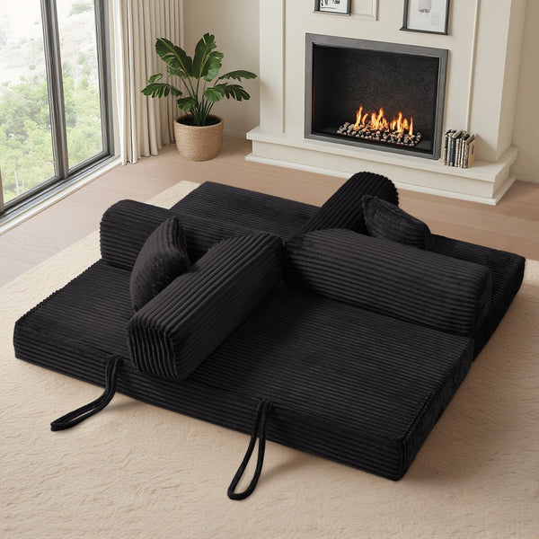 English Elm Compression Foldable Floor Sofa Bed Corduroy Futon with Foam Support for Small Spaces Black W3716P379175