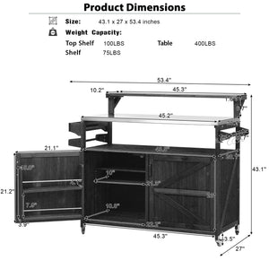 English Elm K&K 53.3" Outdoor Kitchen Island with 1.2" Stainless Top, Spacious Storage, Raised Shelf, Wheels Black N707P250628B