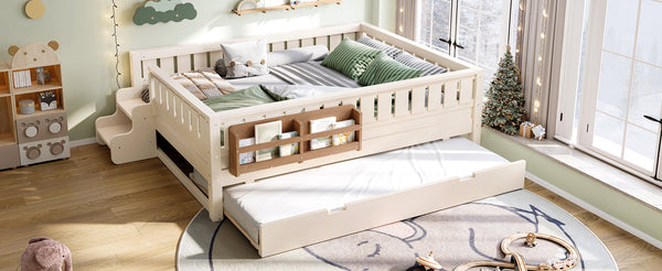 English Elm Twin Kids Platform Bed with Trundle Staircase Bookshelf and Rounded Safety Rails Beige W1580S00559