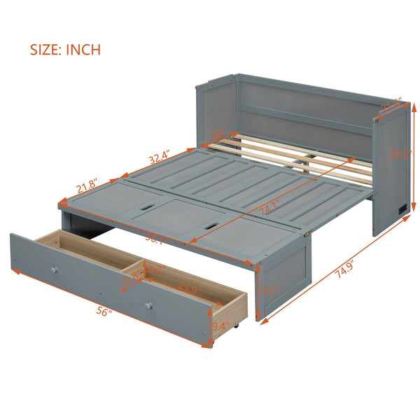 English Elm Full Size Wall Murphy Bed Cabinet with Storage Drawer and Built-in Usb Charging Gray N708P205903E