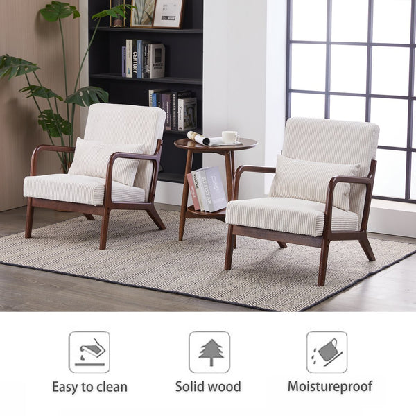English Elm Mid-Century Beige Accent Chair Upholstered Armchair with Pillow, Solid Wood Frame, Ergonomic Comfort W2989P295373