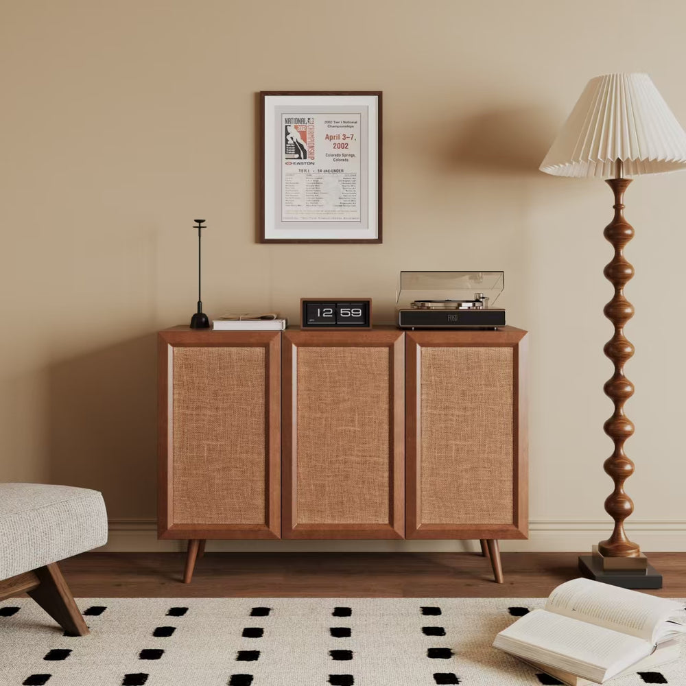 English Elm Entryway Walnut Rattan Storage Console Cabinet with Adjustable Shelves Mid-Century Buffet Sideboard W2263P207528