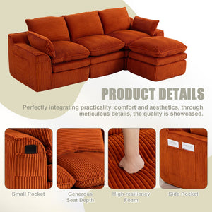 English Elm L Shaped Corduroy Modular Sectional with Cloud Cushions Footstool and Lumbar Pillows Orange W395S00137