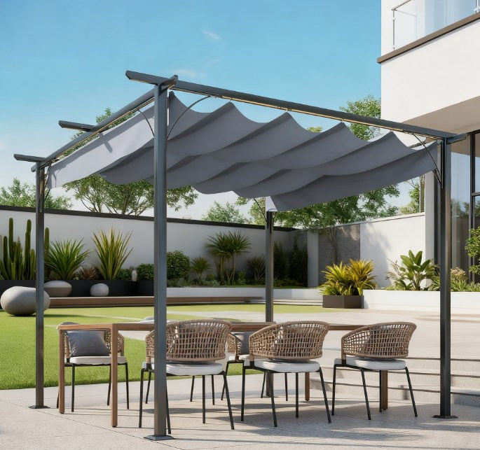 English Elm Metal Pergola with Retractable Canopy Uv Resistant Steel Frame Outdoor Patio Shade T3971P426097