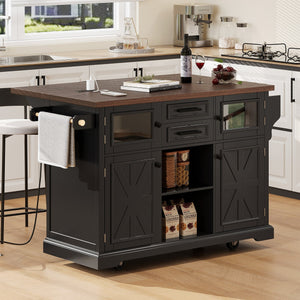 English Elm K&K 54.9" Farmhouse Kitchen Island Cart with Drop Leaf, Charging Station, Barn Doors & Glass Pane Black N707P300277B