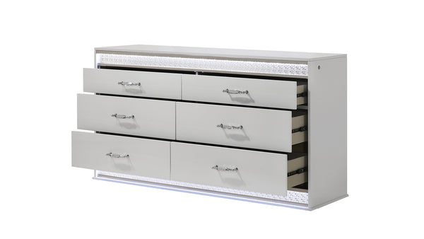 English Elm Glam 6-Drawer LED Dresser with Crystal Accents, Red Velvet Lined Top Drawers, High-Gloss White Lacquer Finish and Silver Hardware — Modern Glamorous Storage (60"W x 18"D x 33"H) B009P243212