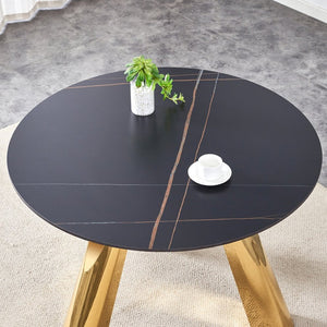 English Elm Table 5-Piece Dining Set: 42-Inch Round Sintered Stone Top With Gold Stainless Steel Legs & Chairs W2920S00041-GIGA