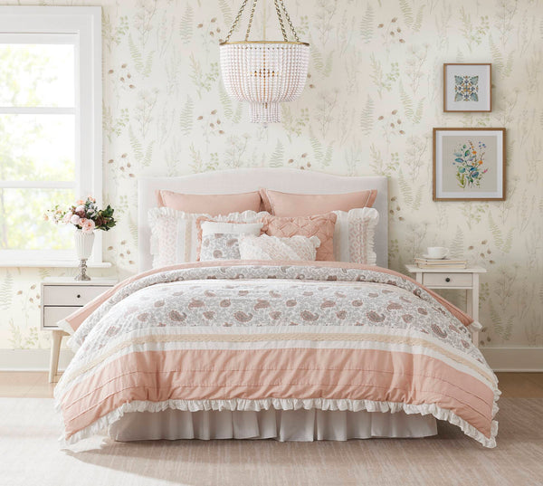 English Elm 9 Piece Cotton Percale Comforter Set – Blush Queen Stylish Shabby-Chic Bedding With Decorative Pillows B03597157
