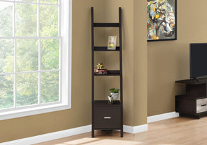 English Elm Bookshelf, Espresso 69" Ladder Etagere with 3 Staggered Shelves, Drawer & Wall-Mount Tipping Hardware Included B2710P219122
