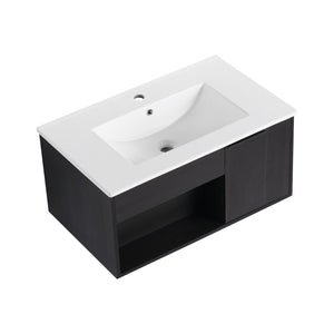 English Elm 30" Floating Bathroom Vanity Dark Oak Cabinet Ceramic Sink Open Shelf Soft Close W3450P435831