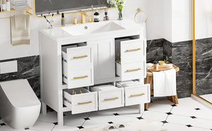 English Elm 36'' Bathroom Vanity with Resin Sink, Solid Wood Frame, 5 Drawers, Soft-Close Doors, Gold Knobs, Spacious Storage White SW000142AAK-1