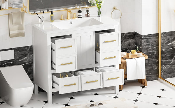 English Elm 36'' Bathroom Vanity with Resin Sink, Solid Wood Frame, 5 Drawers, Soft-Close Doors, Gold Knobs, Spacious Storage White SW000142AAK-1