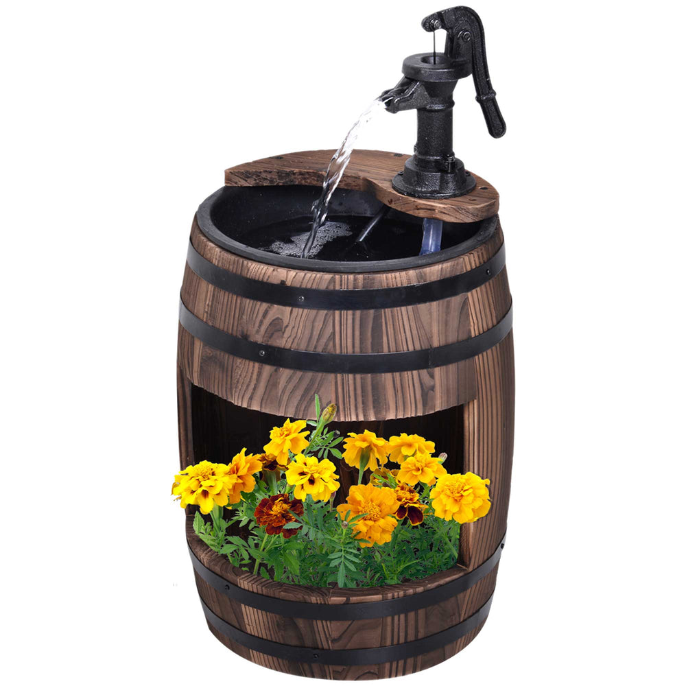 English Elm Outsunny Rustic Barrel Garden Fountain with Planter Fir Wood Steel Farmhouse Decor W2225P174537