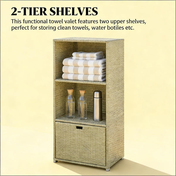 English Elm Outdoor Wicker Towel Rack Two Shelf Pe Rattan Poolside Storage for Patio or Bath Grayish T3971P486660