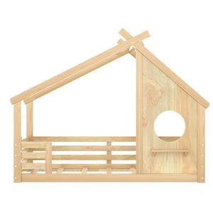 English Elm Twin House Floor Bed with Window & Shelf, Solid Wood Pitched Roof Design for Safe Cozy Sleep Natural W1580P362691