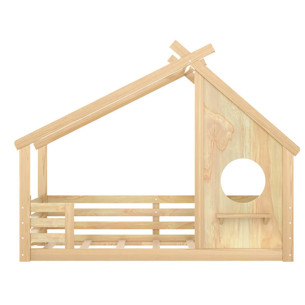 English Elm Twin House Floor Bed with Window & Shelf, Solid Wood Pitched Roof Design for Safe Cozy Sleep Natural W1580P362691