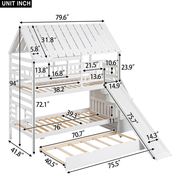 English Elm Twin Twin over Twin House Bunk Bed with Trundle, Slide and Storage Staircase, Playhouse Design Securely White SM000931AAK
