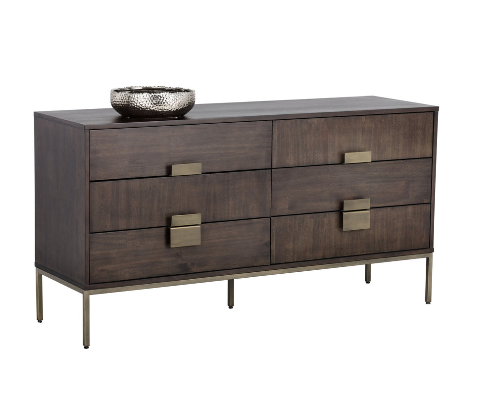 Sunpan Jade Dresser: Stunning Acacia Wood Design with Six Drawers for Elegant Bedroom Storage Solutions Antique Brass / Dark Mango