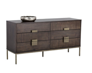 Sunpan Jade Dresser: Stunning Acacia Wood Design with Six Drawers for Elegant Bedroom Storage Solutions Antique Brass / Dark Mango