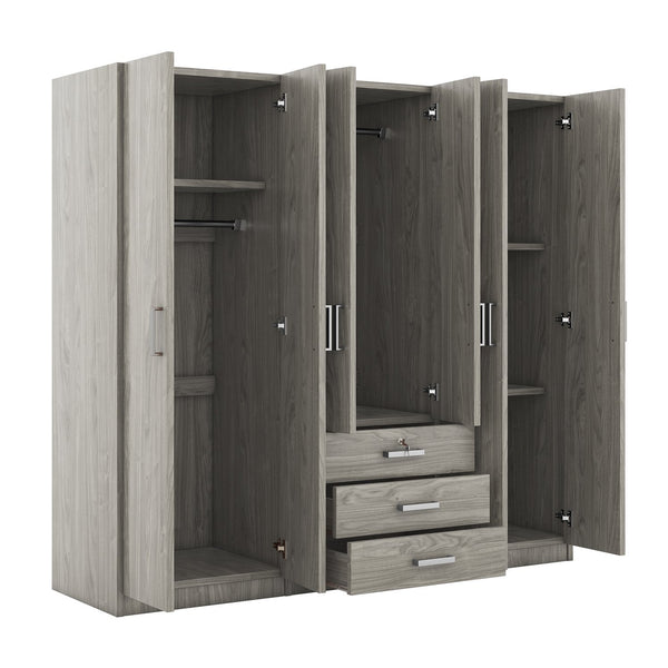 English Elm 6-doors Mdf Wardrobe with Large Drawers Streamlined Bedroom Storage Modern Design Gray N820000010E