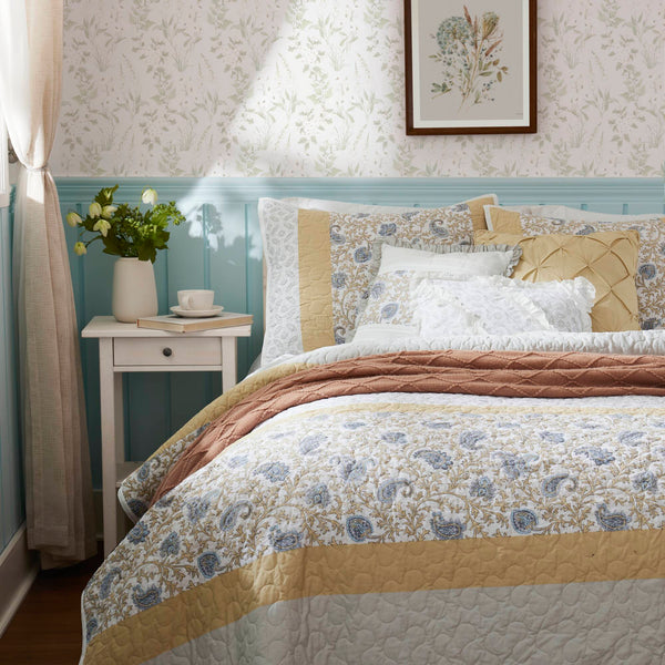 English Elm 6 Madison Park Dawn Cotton Percale Reversible Quilt Set Full/Queen Paisley Pintuck Lace Taping Vintage Chic Comfort Yellow 17.72 L x 22.83 W x 7.09 H B035129026