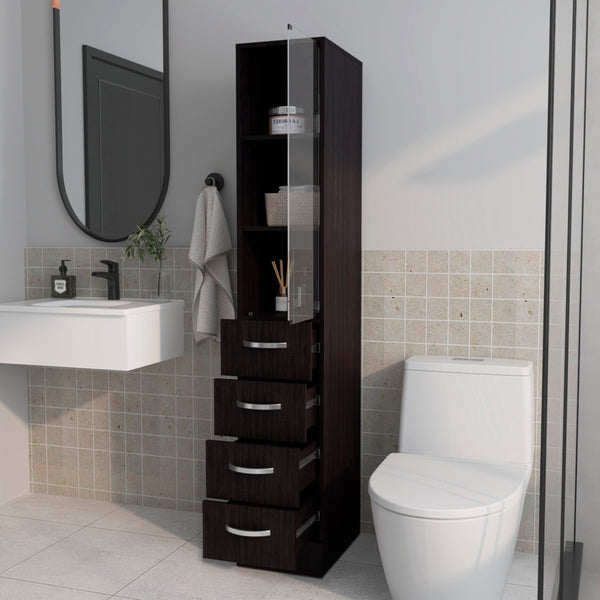 English Elm Wengue Tall Linen Cabinet with Four Drawers and Open Shelves for Bathroom Storage B062P461069