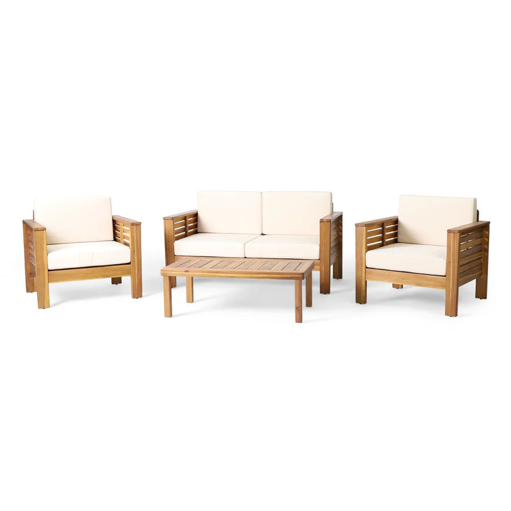 English Elm Christopher Knight Home® - Teak Acacia Wood 4-Piece Outdoor Chat Set with Water-Resistant Cream Cushions, Shutter Slat Design 70692.00-2_70844.00
