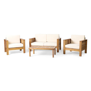 English Elm Christopher Knight Home® - Teak Acacia Wood 4-Piece Outdoor Chat Set with Water-Resistant Cream Cushions, Shutter Slat Design 70692.00-2_70844.00