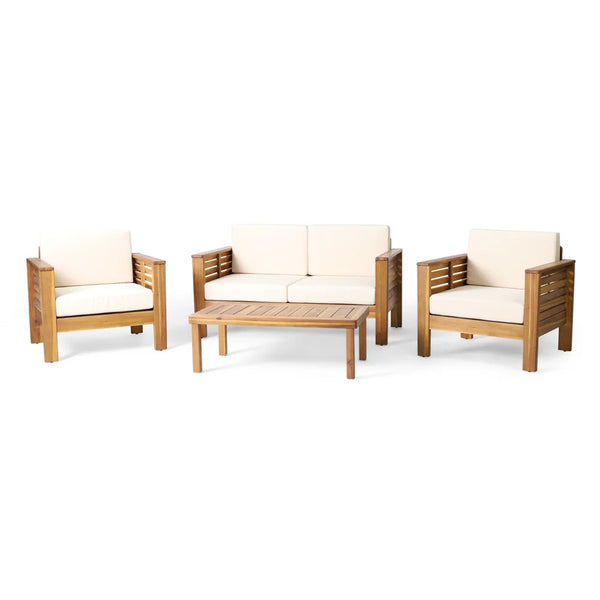 English Elm Christopher Knight Home® - Teak Acacia Wood 4-Piece Outdoor Chat Set with Water-Resistant Cream Cushions, Shutter Slat Design 70692.00-2_70844.00