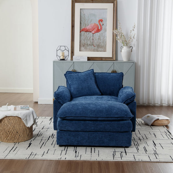 English Elm 44.5" Oversized Club Chair with Ottoman Chenille Upholstered Solid Wood Reading Seat Blue W3244S00006